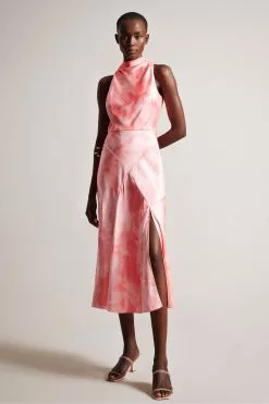 Ted Baker Pink Foreste Cowl Neck Bias Cut Midi Dress