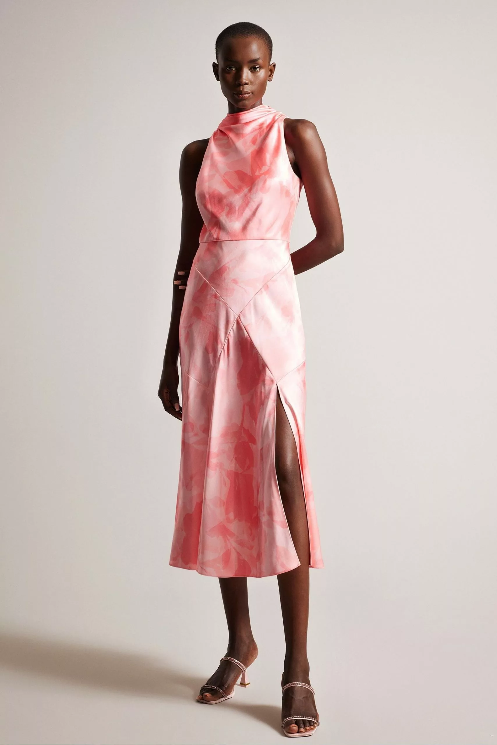 Ted Baker Pink Foreste Cowl Neck Bias Cut Midi Dress