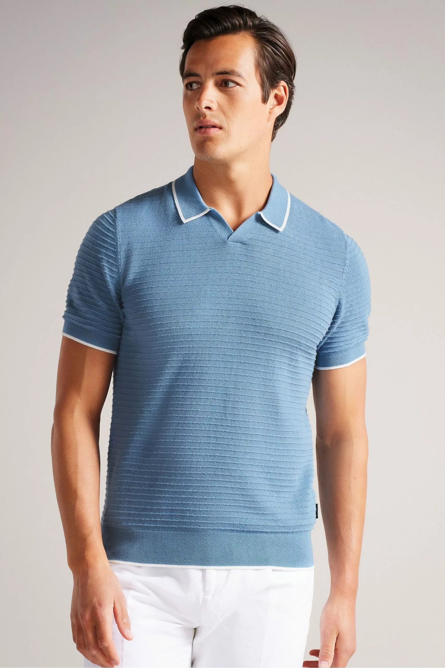 Ted Baker Blue Textured Striped Knitted Polo Shirt