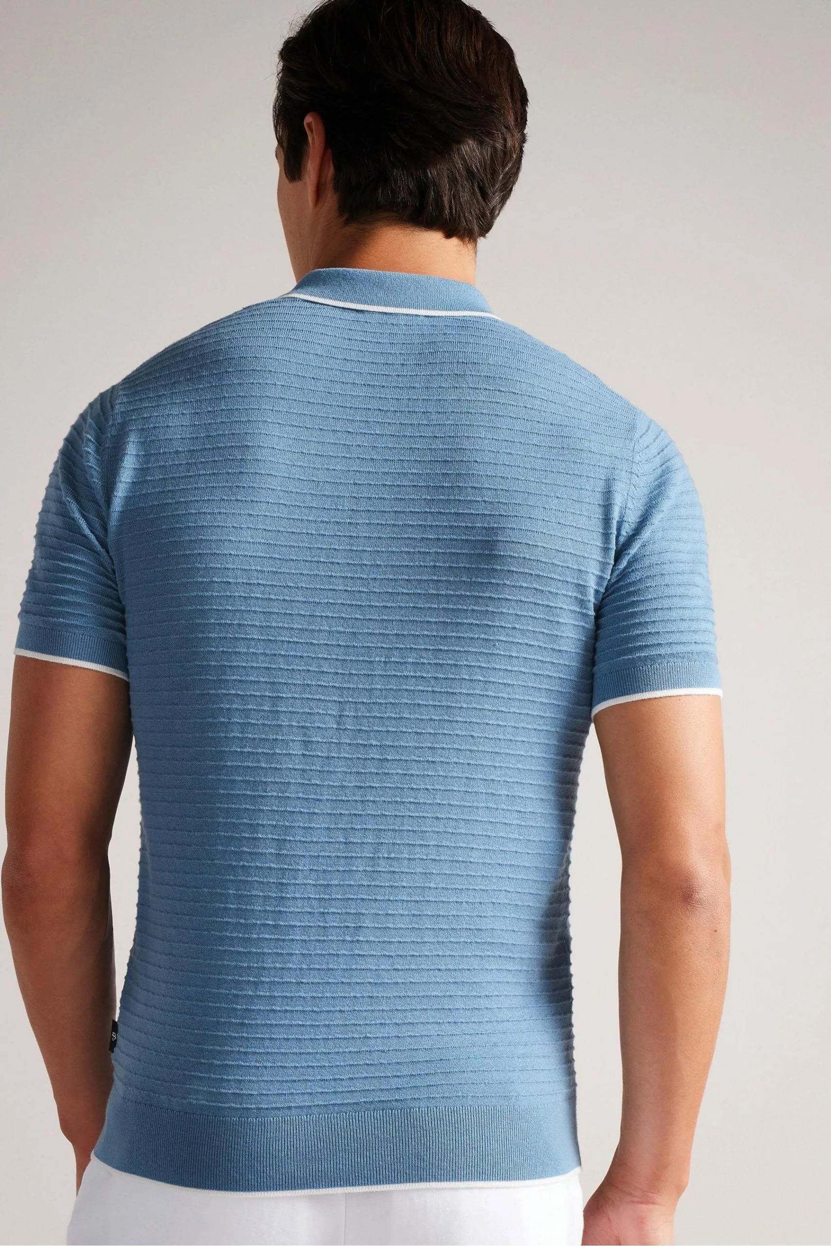 Ted Baker Blue Textured Striped Knitted Polo Shirt - Image 2