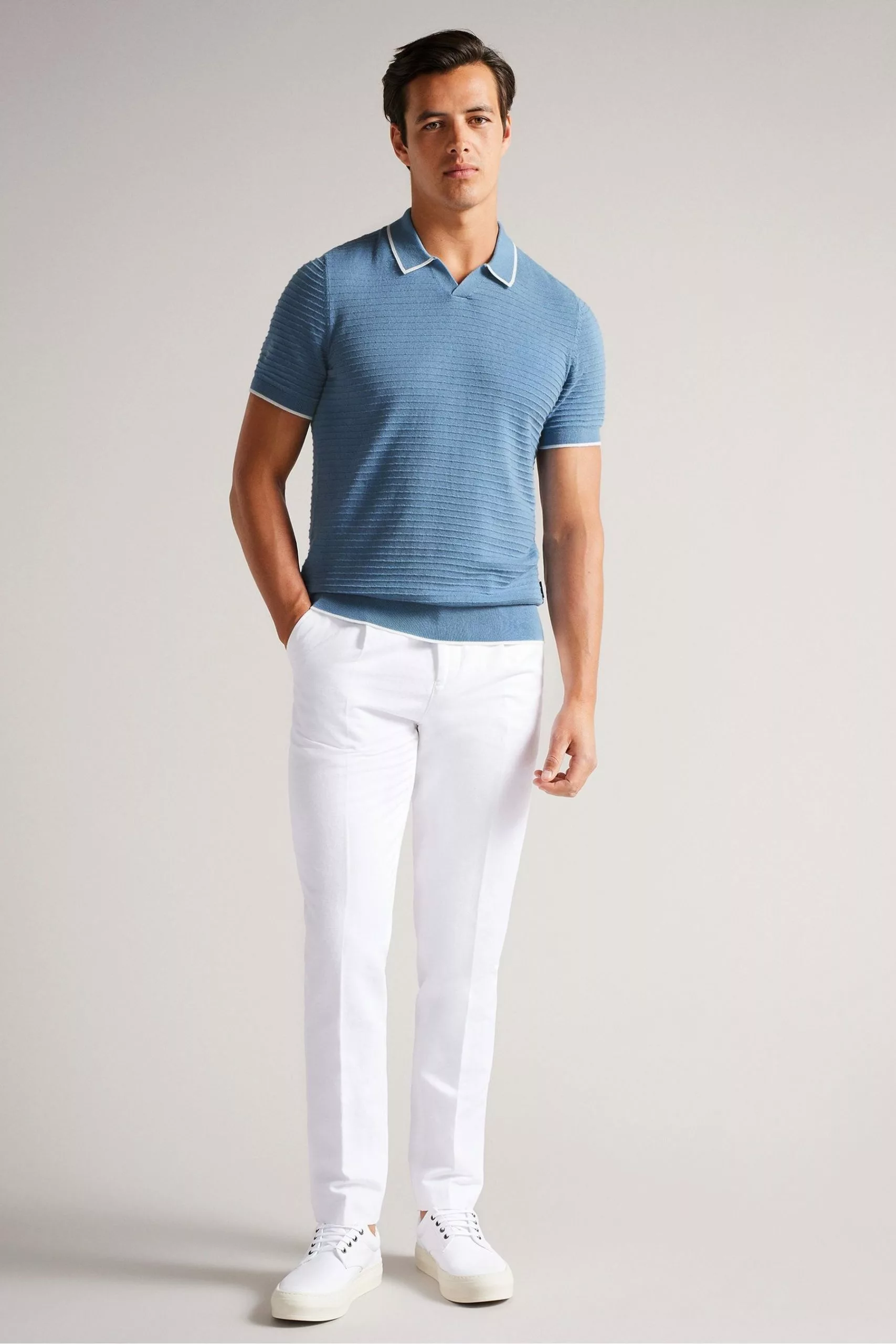 Ted Baker Blue Textured Striped Knitted Polo Shirt - Image 3