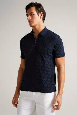 Ted Baker Coram Blue Short Sleeve Zip Jacquard Polo Shirt