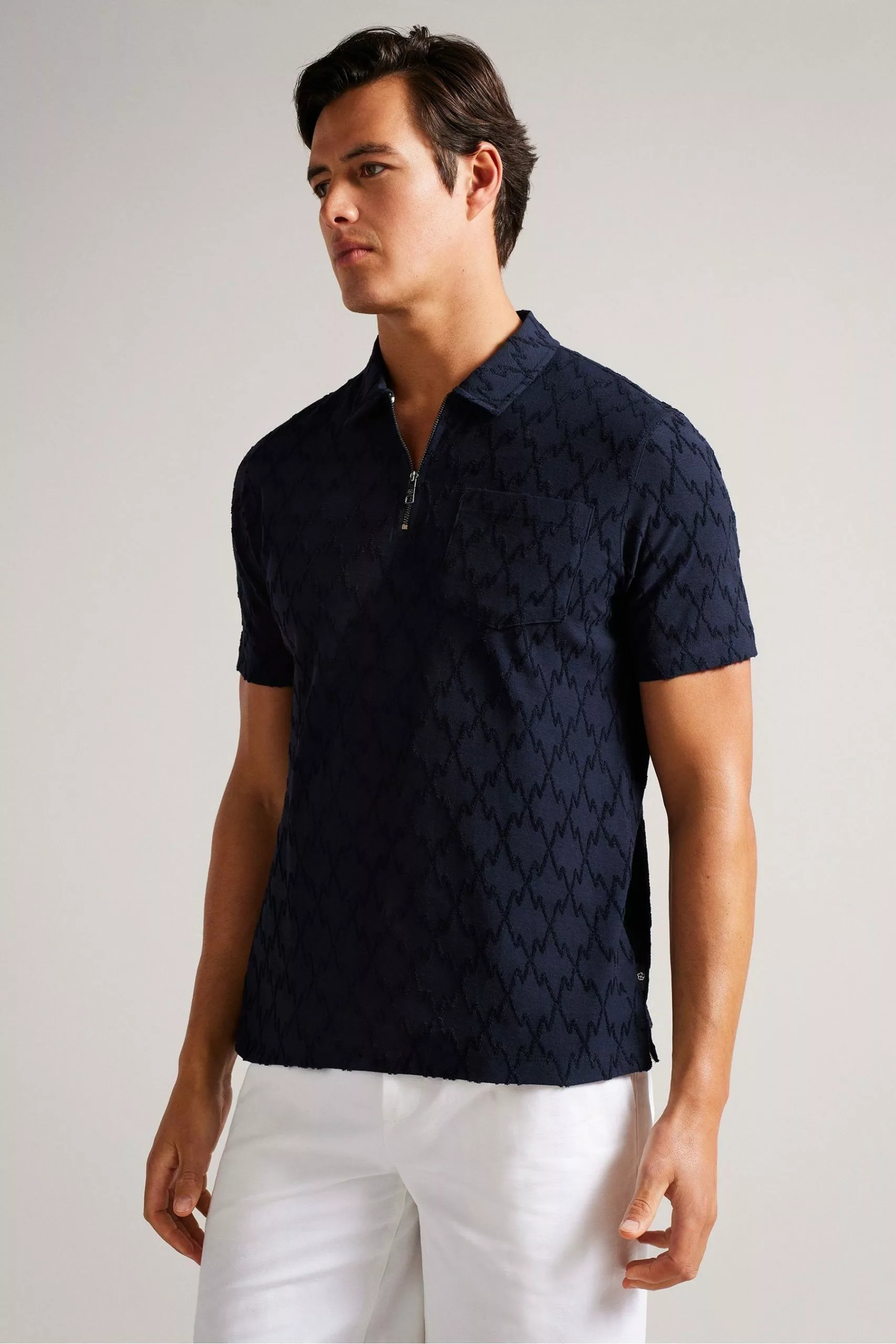 Ted Baker Coram Blue Short Sleeve Zip Jacquard Polo Shirt