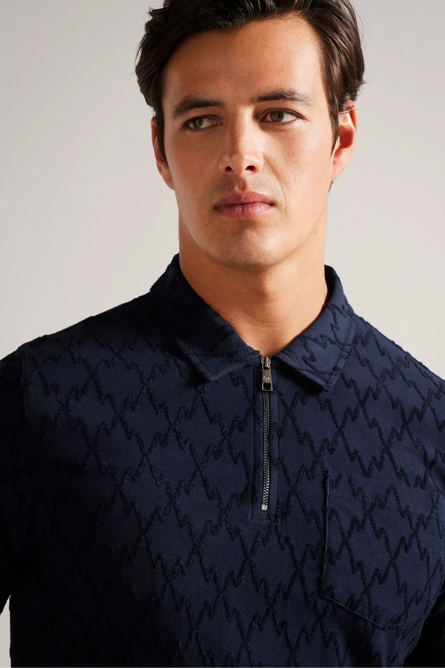 Ted Baker Coram Blue Short Sleeve Zip Jacquard Polo Shirt - Image 4